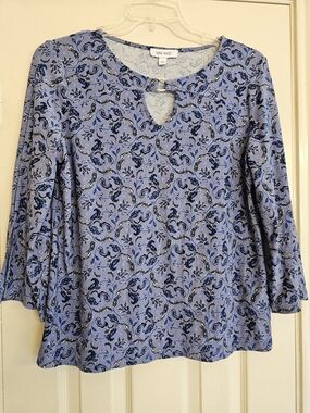 Nine West Blue Paisley Keyhole Blouse